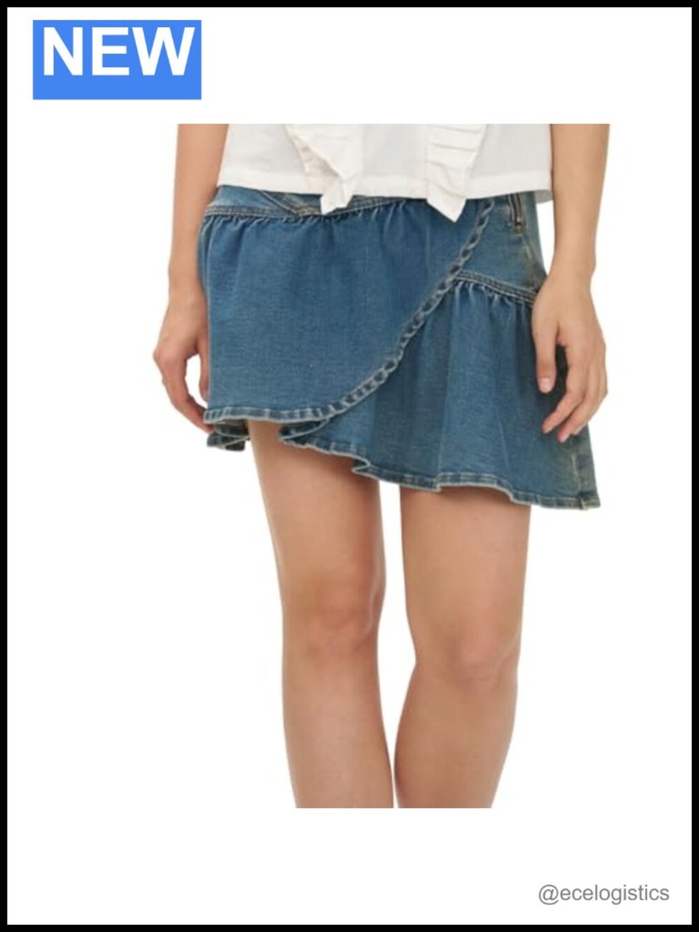 Washed Denim Mini Skirt with Ruffle Hem Asymmetrical Layered Jean Skirt
